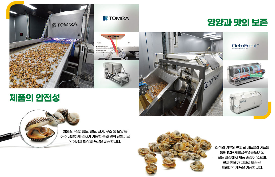 왼쪽부터 TOMRA회사라는 꼬막을 점검해주는 기계 사진과 제품의 안전성:이물질, 색상, 습도, 밀도, 크기, 구조 및 모양 등 아주 정말하게 검사가 가능한 톰라 광학 선별기로 안정성과 최상의 품질을 제공합니다. 문구가 있으며 오른쪽에는 Octo Frost 회사 기계 사진과 영양과 맛의 보존:최적의 기류와 특화된 베트플레이트를 통해 IQF(개별급속냉동)단계의 모든 과장에서 제품 손상이 없으며, 맛과 형태가 그대로 보존된 프리미엄 제품을 가공합니다. 문구가 있다.