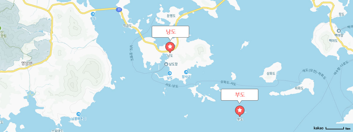 금오도 비렁길 함구미선착장 ~ 두포 ~ 직포 ~ 학동 ~ 심포 ~ 장지, 금오도 유송리에 있는 함구미선착장에 관광지 마크 표시한 지도