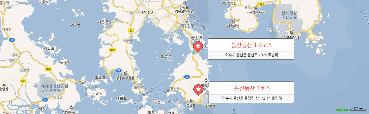 돌산등산 1·2코스 여수시 돌산읍 돌산로 2876 무술목, 돌산등산 3코스 여수시 돌산읍 율림리 산172-14 율림재 표시한 지도