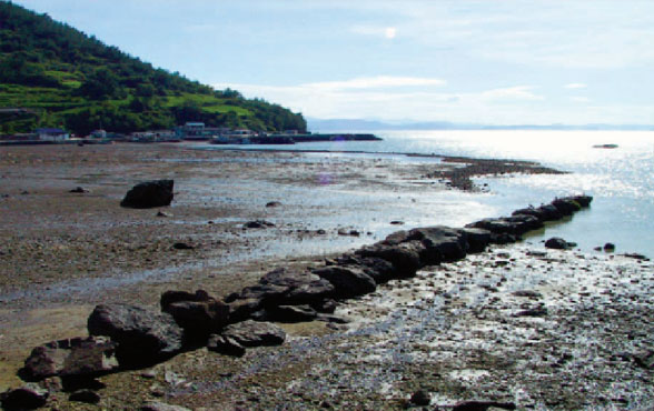 빛에 비친 바다와 썰물로 인해 바닥이 보이는 이목 전경