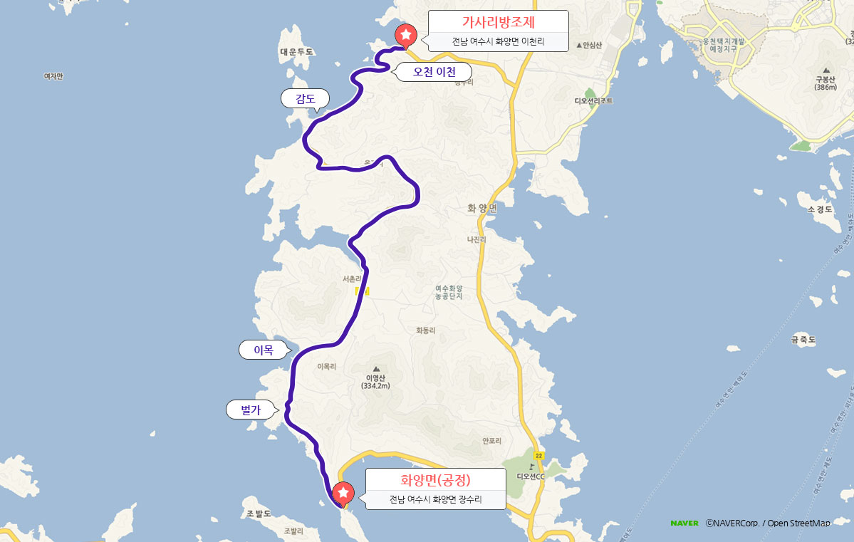 3코스를 안내하며 가사리방조제(전남 여수시 화양면 이천리)-오천/이천-감도-이목-벌가-화양면(공정)(전남 여수시 화양면 장수리) 경로를 나타낸 지도입니다.