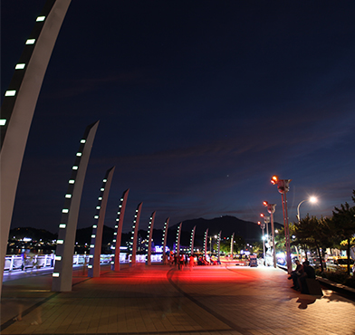 東防波堤の夜間の照明施設の全景