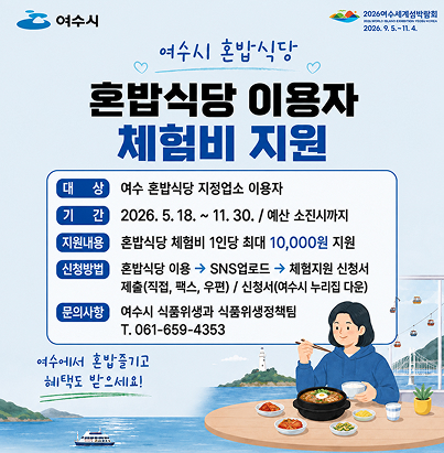 여수시 혼밥식당 혼밥식당 이용자 체험비 지원 대상 여수 혼밥식당 지정업소 이용자 기간 2026. 5. 18. ~ 11. 30. / 예산 소진시까지 지원내용 혼밥식당 체험비 1인당 최대 10,000원 지원 신청방법 혼밥식당 이용 → SNS업로드 → 체험지원 신청서 제출(직접, 팩스, 우편) / 신청서(여수시 누리집 다운) 문의사항 여수시 식품위생과 식품위생정책팀 T. 061-659-4353 여수에서 혼밥즐기고 혜택도 받으세요! 2026여수세계섬박람회 2026. 9. 5. ~ 11. 4.