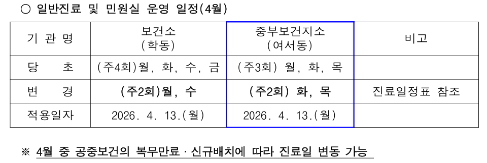 일반진료 및 민원실 운영 일정(4월)