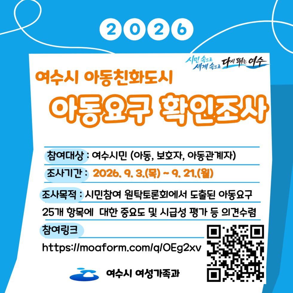 2026 시민속으로 세계속으로 다시뛰는여수 여수시 아동친화도시 아동요구 확인조사 참여대상 : 여수시민 (아동, 보호자, 아동관계자) 조사기간 : 2026. 9. 3.(목)~9.21.(월) 조사목적 : 시민참여 원탁토론회에서 도출된 아동요구 25개 항목에 대한 중요도 및 시급성 평가 등 의견수렴 참여링크 https://moaform.com/q/OEg2xv https://q.me-qr.com/1xgx4135 여수시 여성가족과